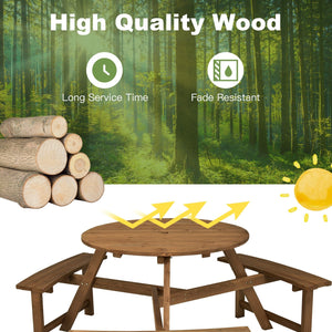 6-person Round Wooden Picnic Table with Umbrella Hole and 3 Built-in Benches-Dark Brown view 3