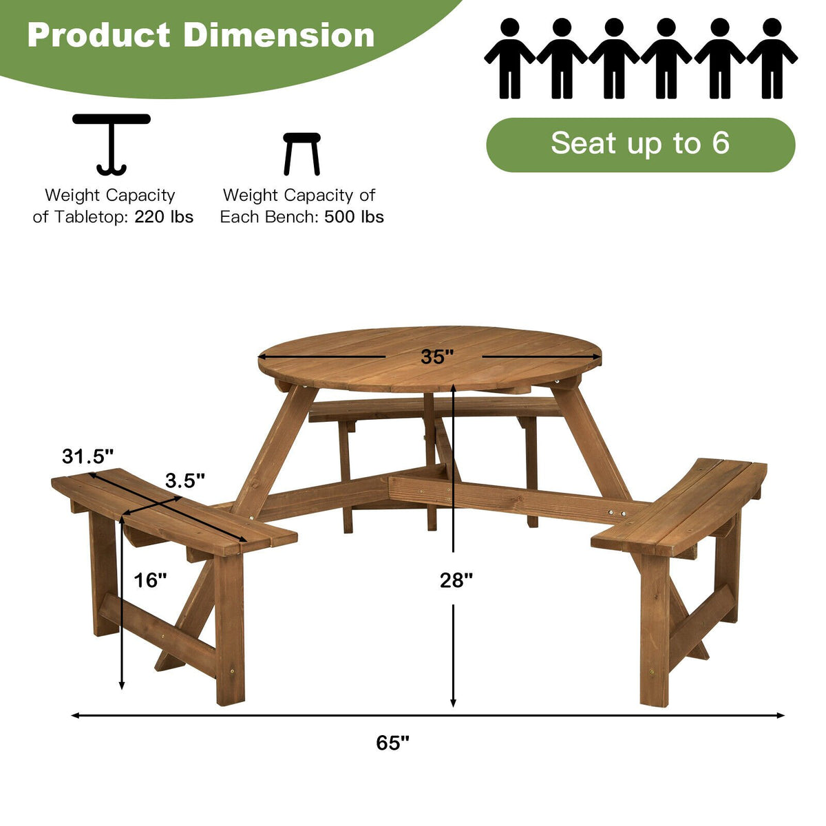 6-person Round Wooden Picnic Table with Umbrella Hole and 3 Built-in Benches-Dark Brown view 4