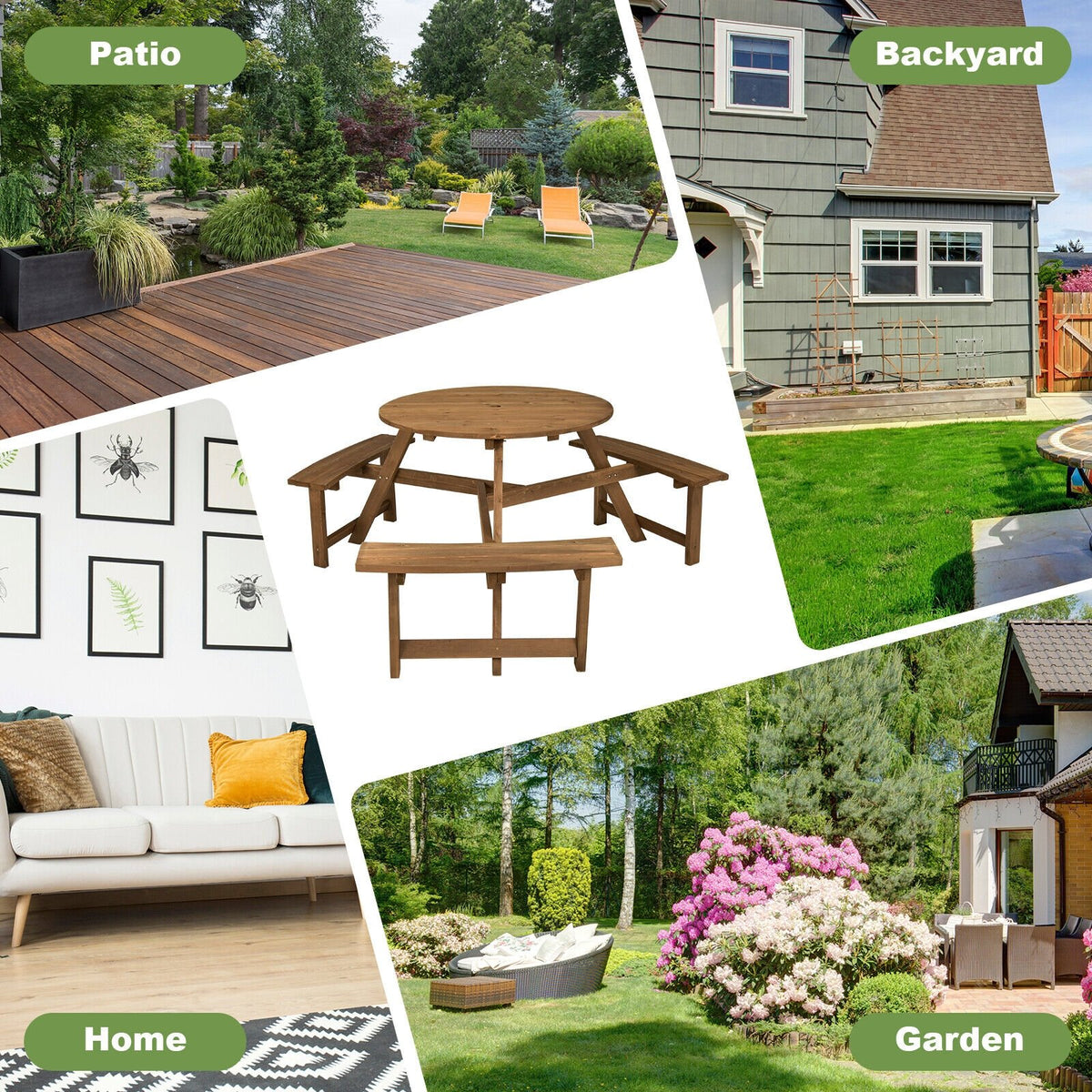 6-person Round Wooden Picnic Table with Umbrella Hole and 3 Built-in Benches-Dark Brown view 5