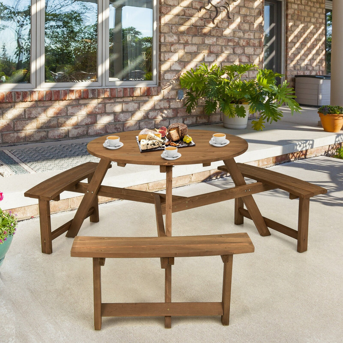 6-person Round Wooden Picnic Table with Umbrella Hole and 3 Built-in Benches-Dark Brown view 6
