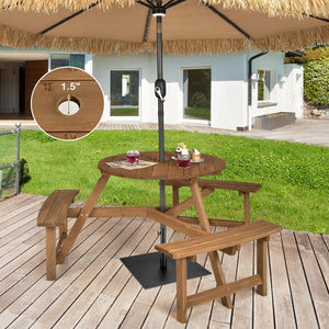 6-person Round Wooden Picnic Table with Umbrella Hole and 3 Built-in Benches-Dark Brown view 7