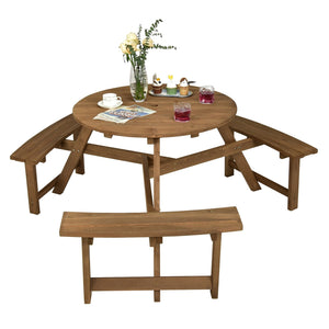 6-person Round Wooden Picnic Table with Umbrella Hole and 3 Built-in Benches-Dark Brown view 8