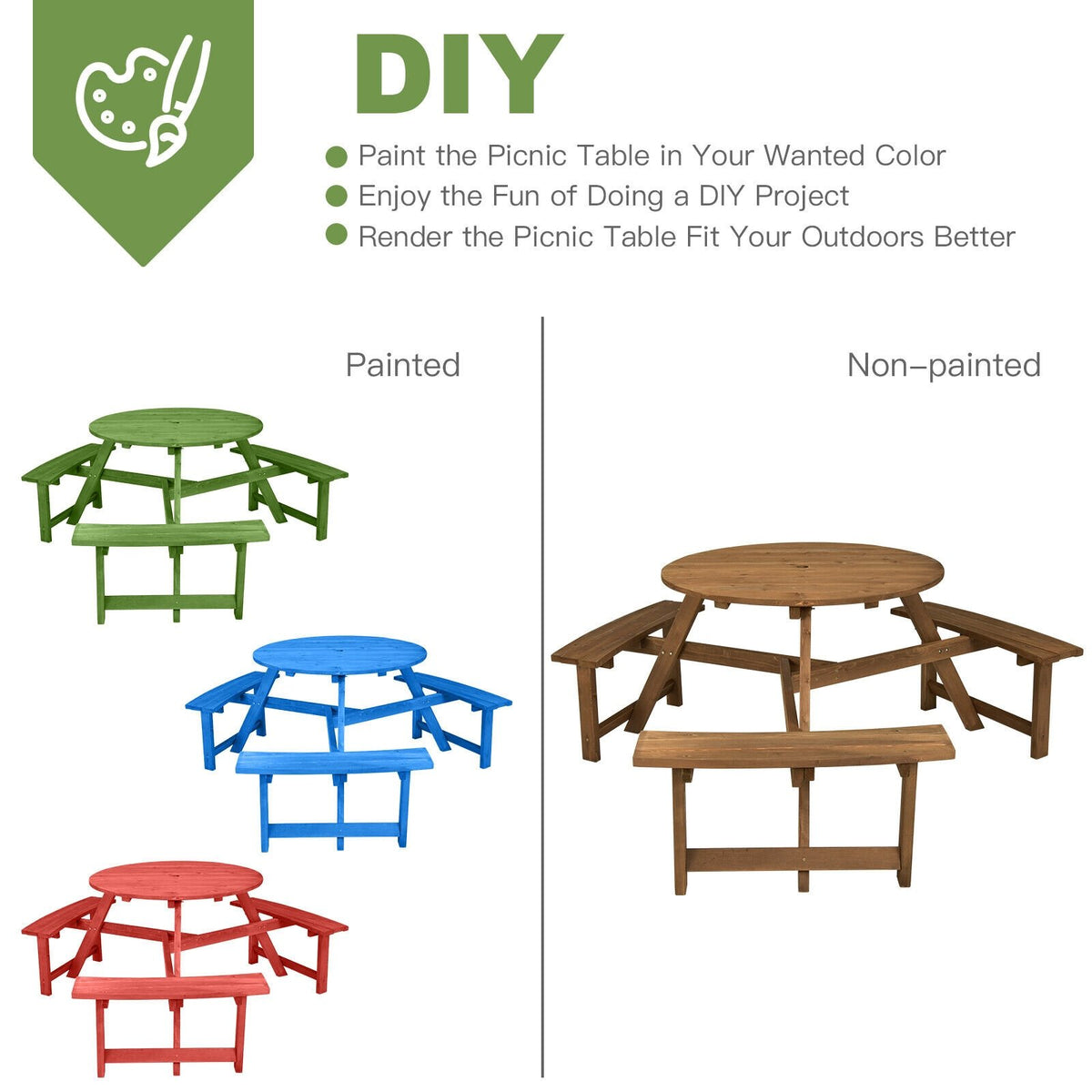 6-person Round Wooden Picnic Table with Umbrella Hole and 3 Built-in Benches-Dark Brown view 9