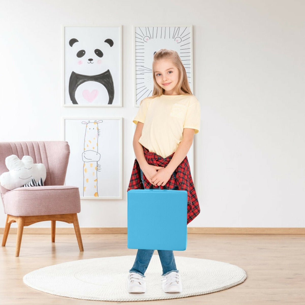 6 Pieces 15 Inches Square Toddler Floor Cushions Flexible Soft Foam Seating with Handles-Blue view 2