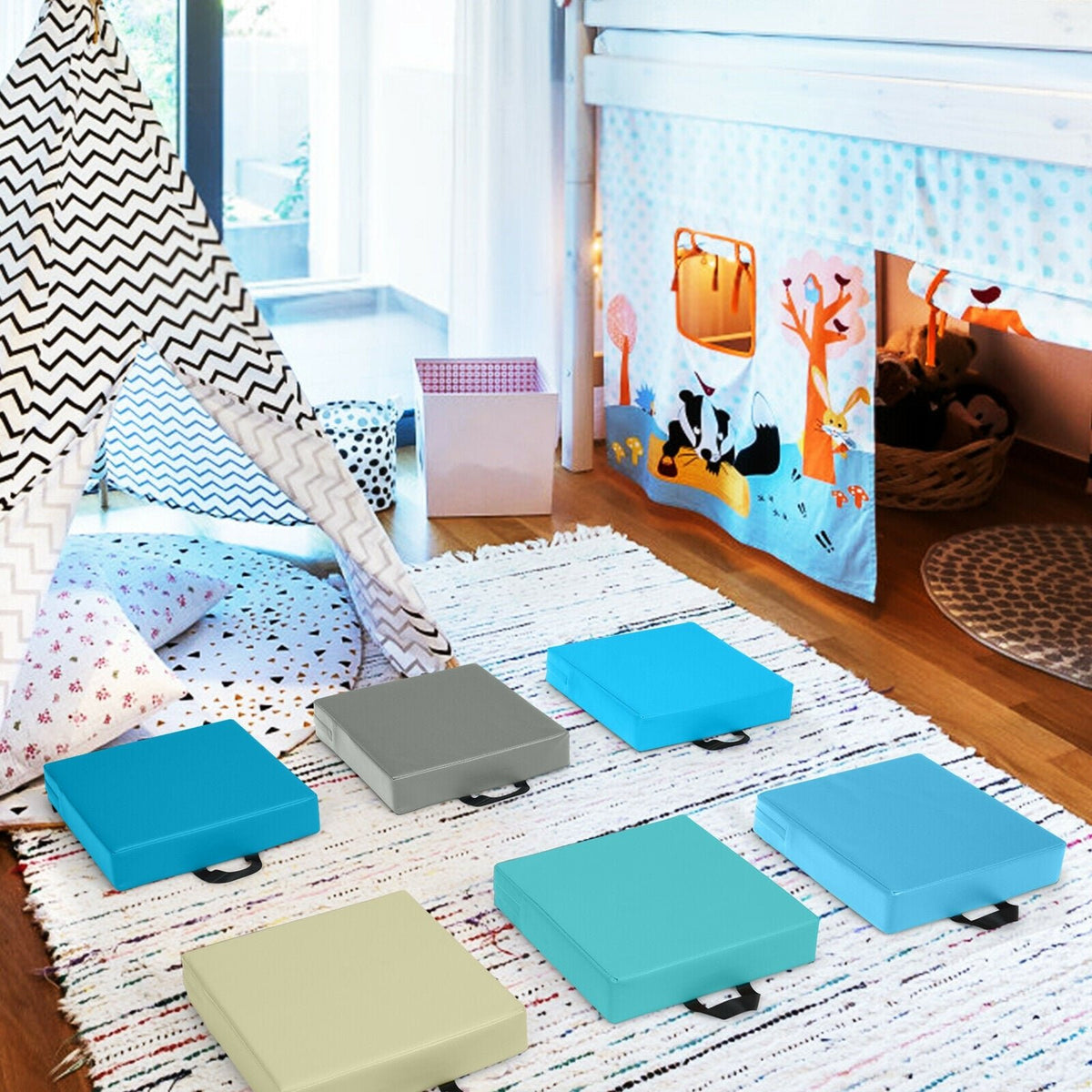 6 Pieces 15 Inches Square Toddler Floor Cushions Flexible Soft Foam Seating with Handles-Blue view 8