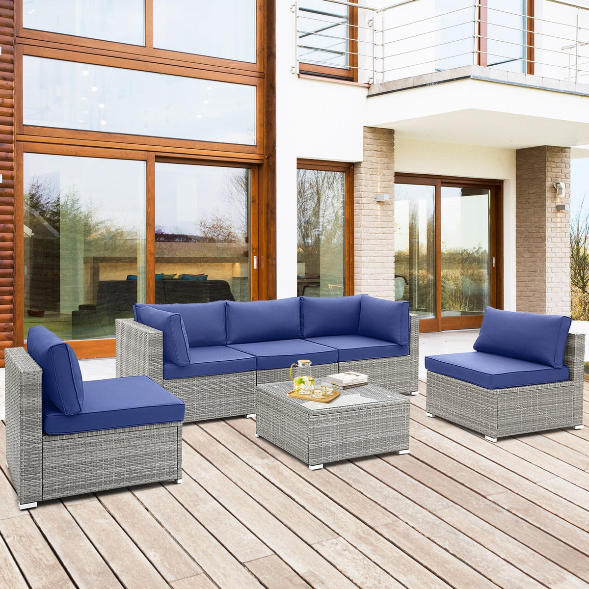 6 Piece Patio Conversation Sofa Set with Tempered Glass Coffee Table-Navy view 2