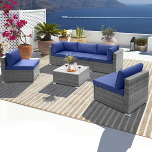 6 Piece Patio Conversation Sofa Set with Tempered Glass Coffee Table-Navy view 3