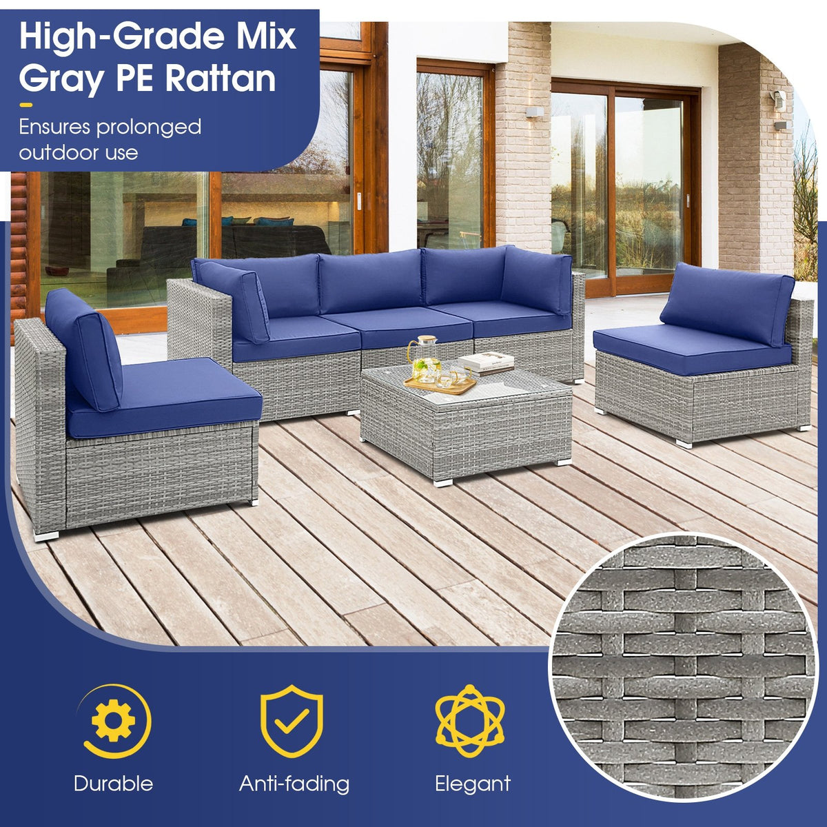 6 Piece Patio Conversation Sofa Set with Tempered Glass Coffee Table-Navy view 6