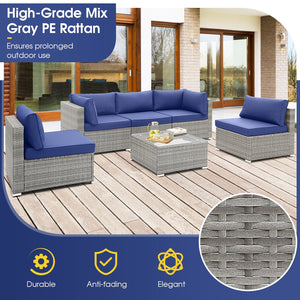 6 Piece Patio Conversation Sofa Set with Tempered Glass Coffee Table-Navy view 6