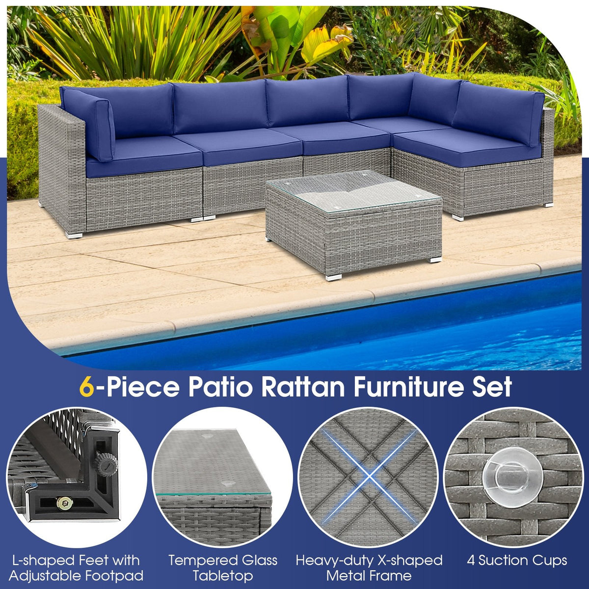 6 Piece Patio Conversation Sofa Set with Tempered Glass Coffee Table-Navy view 9
