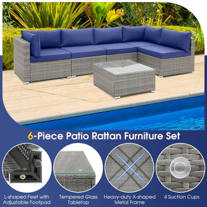 6 Piece Patio Conversation Sofa Set with Tempered Glass Coffee Table-Navy view 9