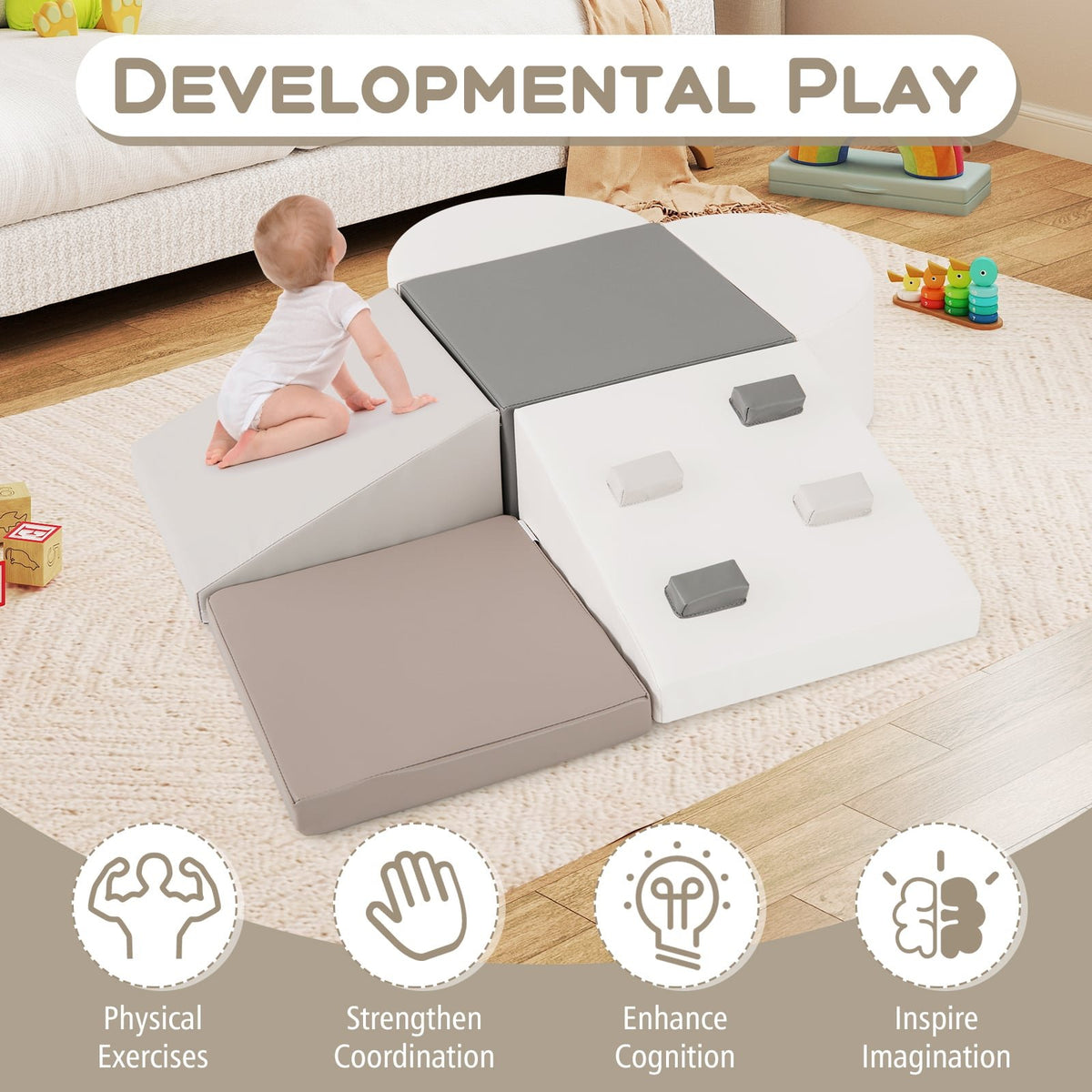 6-Piece Soft Play Set for Toddlers with Climbing Triangle and Ramp-White view 9