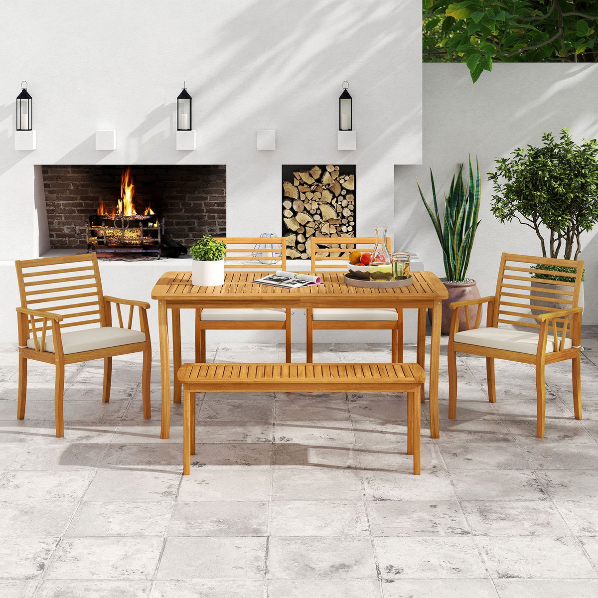 Acacia Wood Outdoor Table and Bench Chairs Set with 1.97 Inch Umbrella Hole view 2