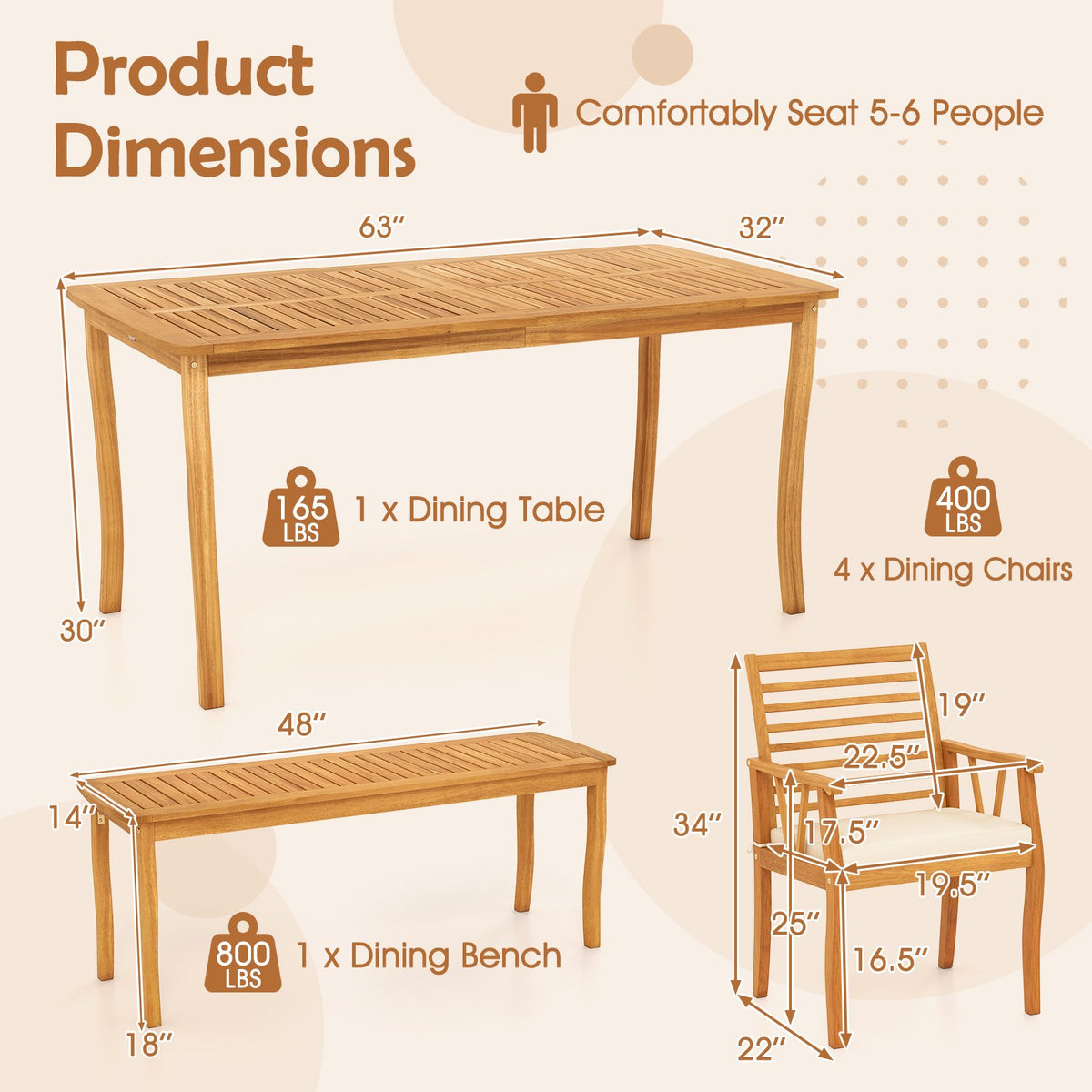 Acacia Wood Outdoor Table and Bench Chairs Set with 1.97 Inch Umbrella Hole view 4