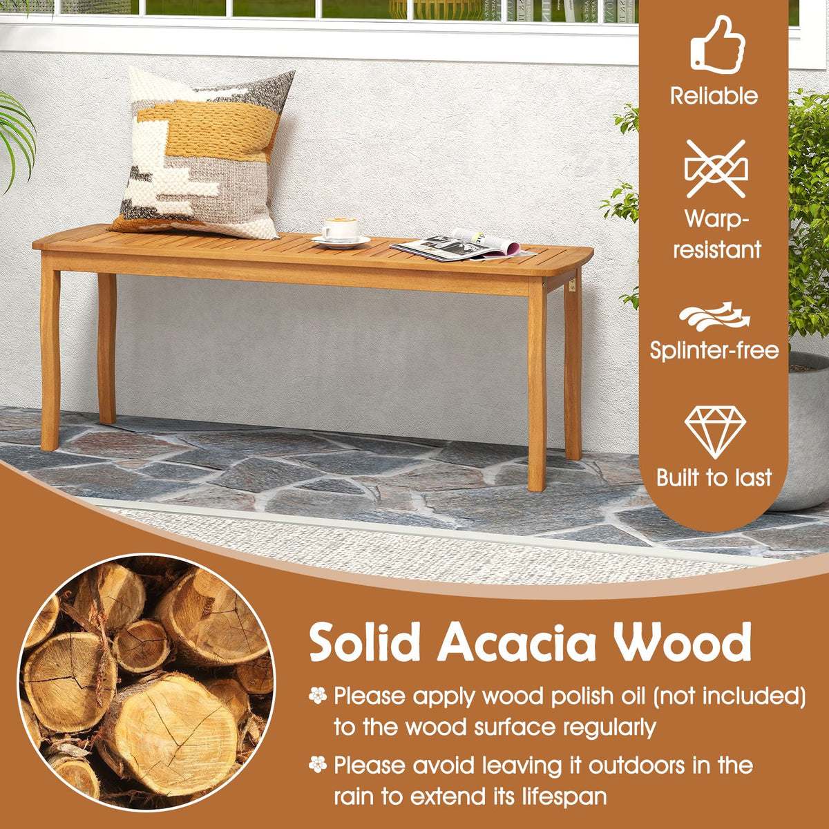Acacia Wood Outdoor Table and Bench Chairs Set with 1.97 Inch Umbrella Hole view 5