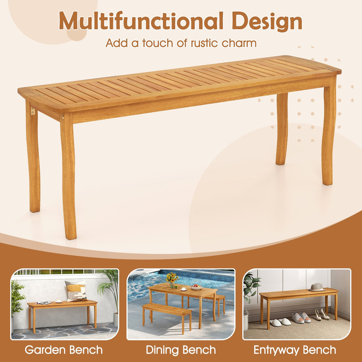 Acacia Wood Outdoor Table and Bench Chairs Set with 1.97 Inch Umbrella Hole view 7