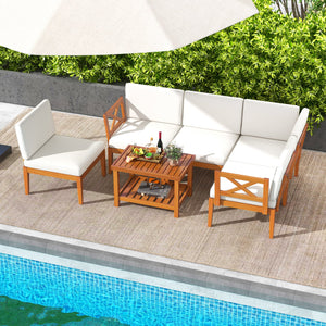 6 Pieces Acacia Wood Patio Furniture Set with Cushions and 2-Tier Coffee Table-White view 2