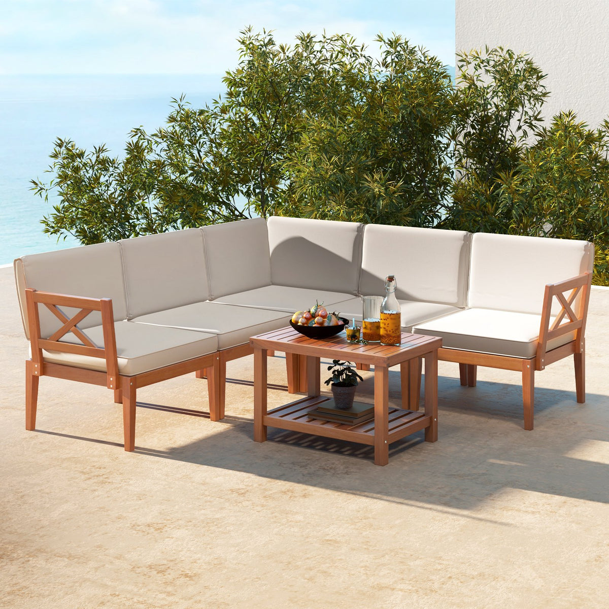 6 Pieces Acacia Wood Patio Furniture Set with Cushions and 2-Tier Coffee Table-White view 3