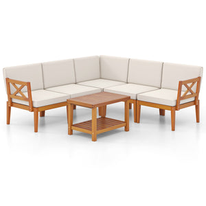 6 Pieces Acacia Wood Patio Furniture Set with Cushions and 2-Tier Coffee Table-White view 4