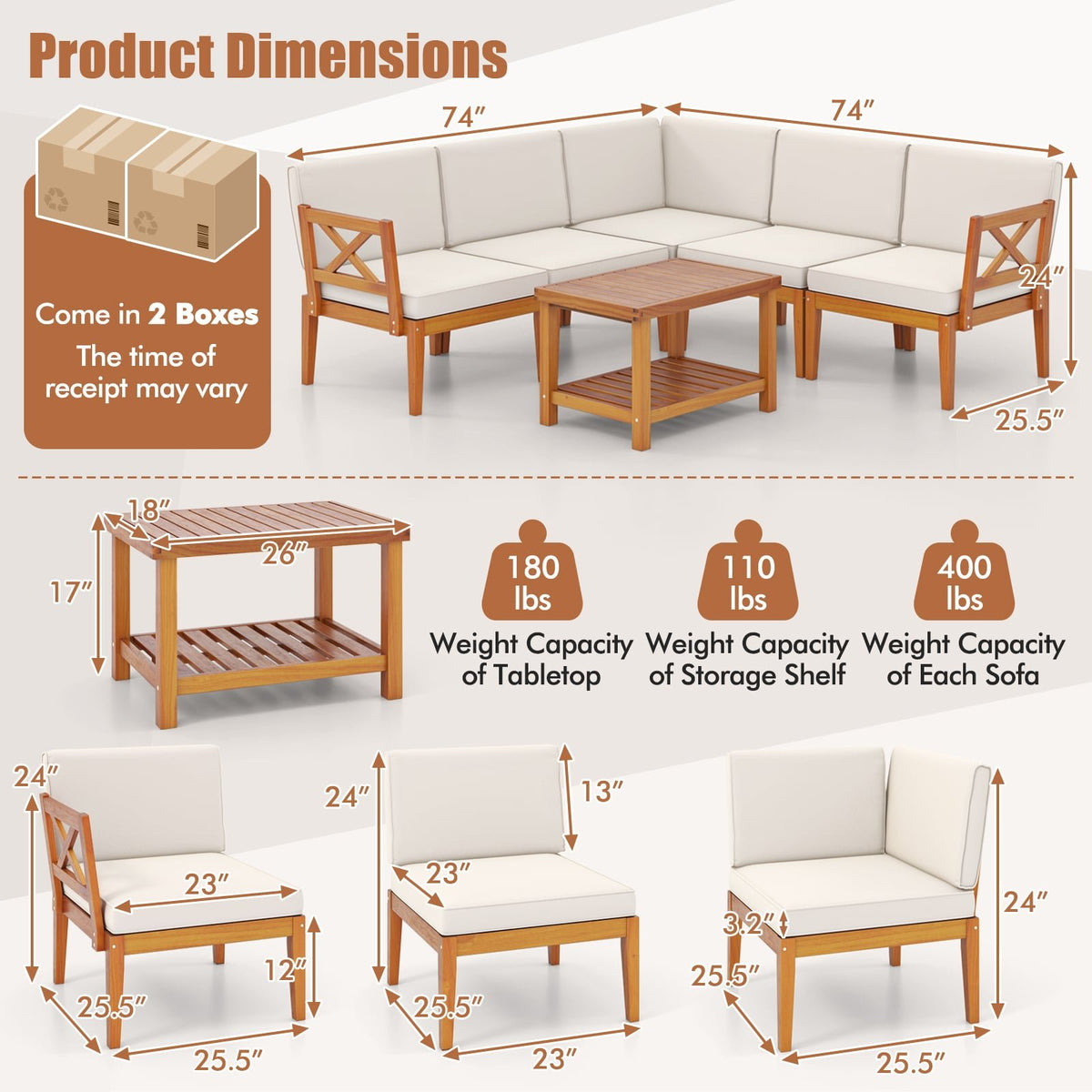 6 Pieces Acacia Wood Patio Furniture Set with Cushions and 2-Tier Coffee Table-White view 5