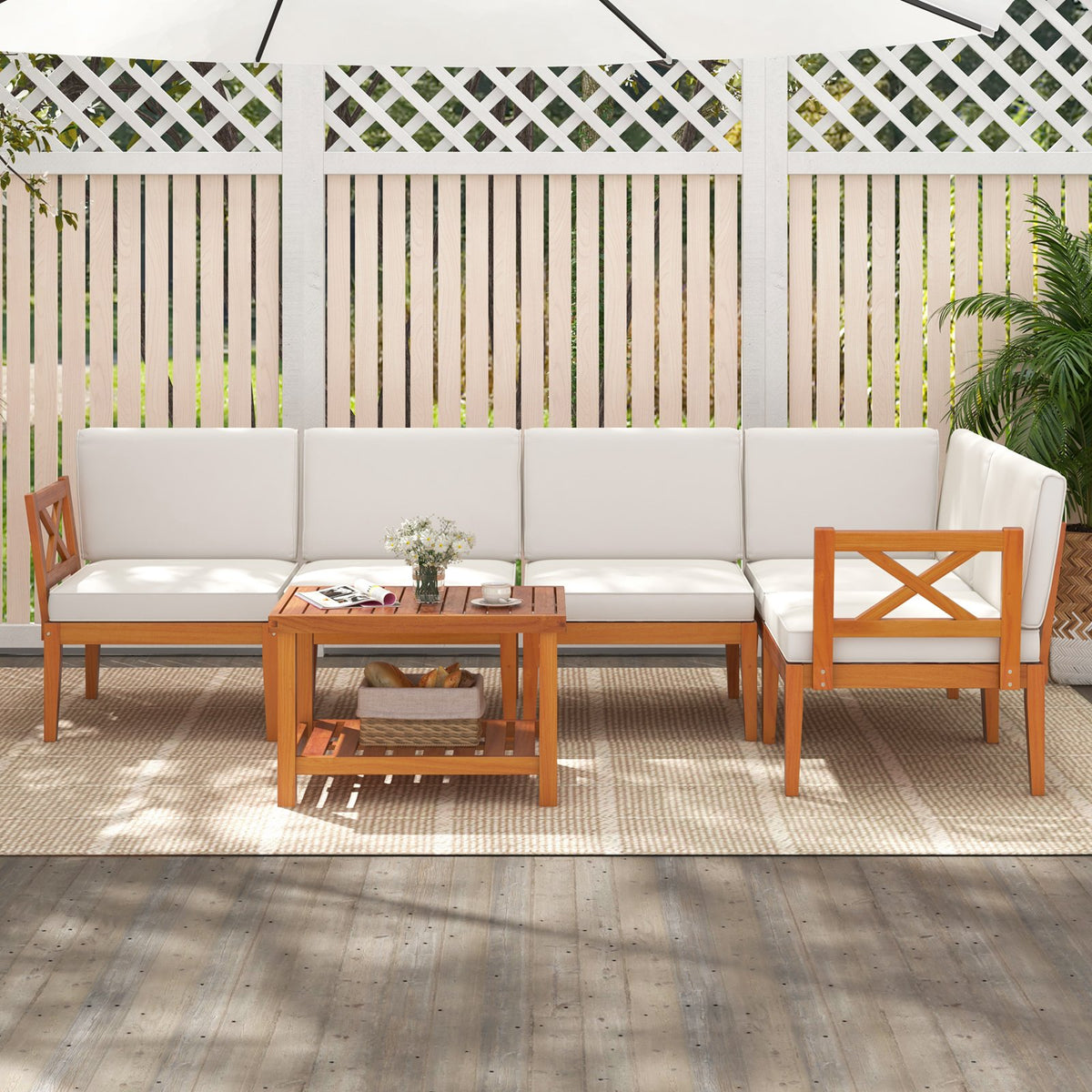 6 Pieces Acacia Wood Patio Furniture Set with Cushions and 2-Tier Coffee Table-White view 6