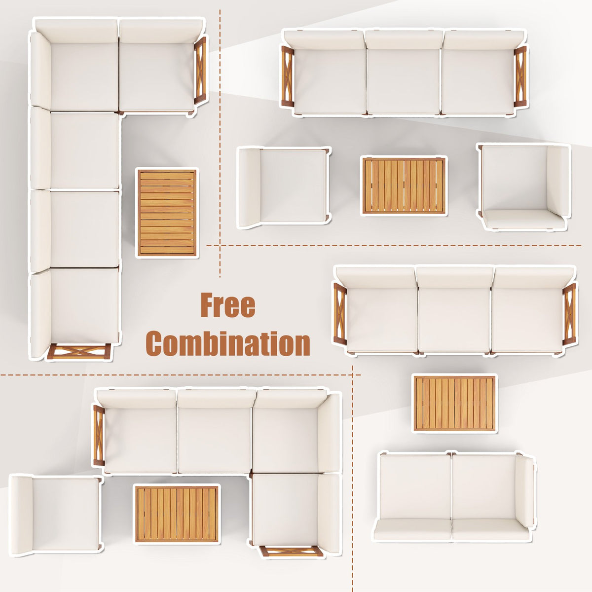 6 Pieces Acacia Wood Patio Furniture Set with Cushions and 2-Tier Coffee Table-White view 7