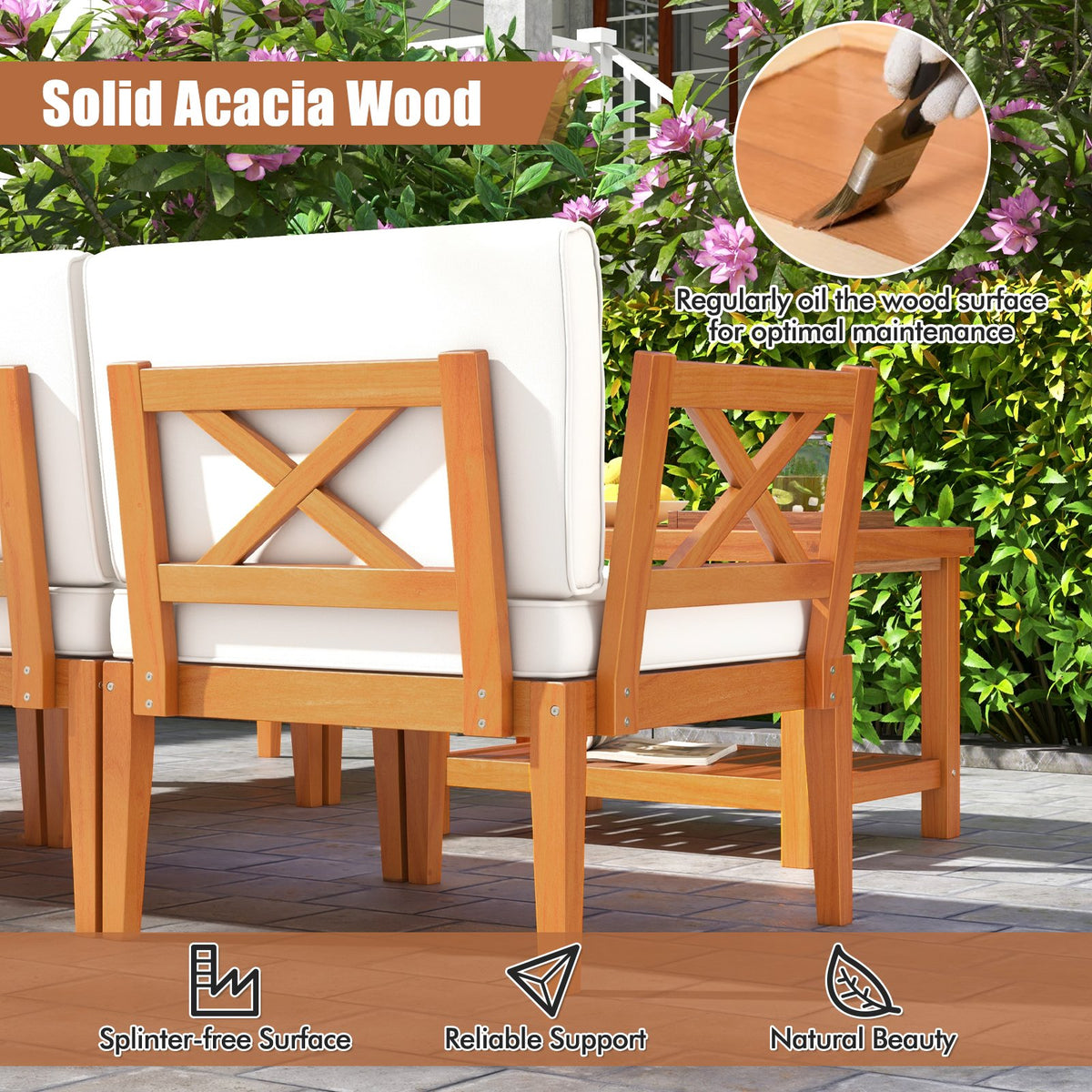 6 Pieces Acacia Wood Patio Furniture Set with Cushions and 2-Tier Coffee Table-White view 8