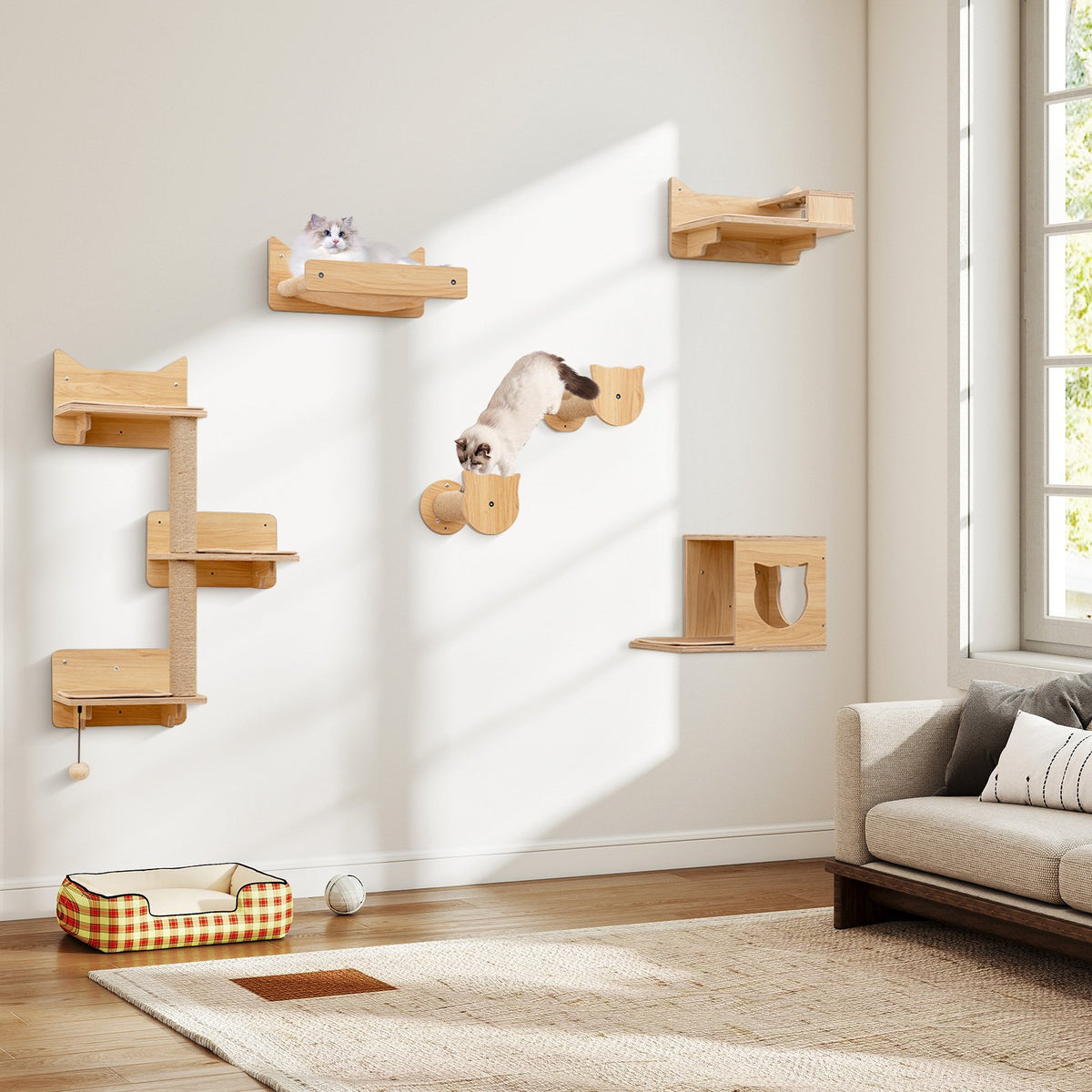 6 Pieces Cat Wall Furniture Set Kitten Wall Mounted Shelves-Natural view 2