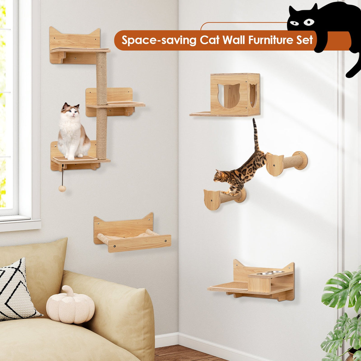 6 Pieces Cat Wall Furniture Set Kitten Wall Mounted Shelves-Natural view 5
