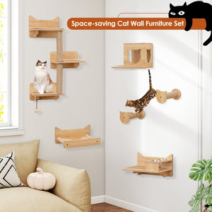 6 Pieces Cat Wall Furniture Set Kitten Wall Mounted Shelves-Natural view 5