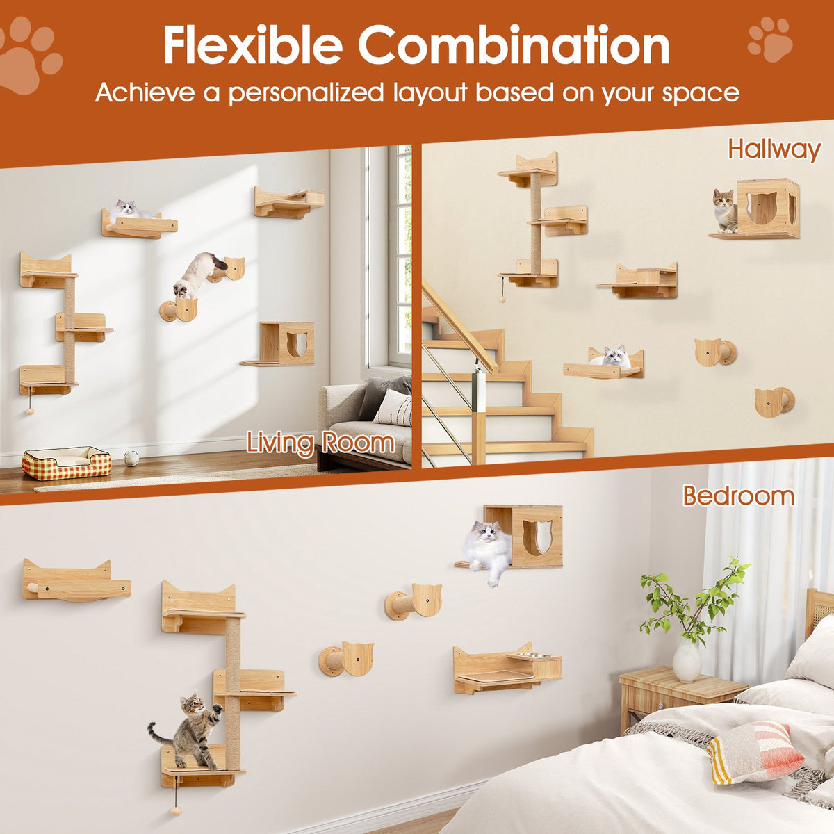 6 Pieces Cat Wall Furniture Set Kitten Wall Mounted Shelves-Natural view 7
