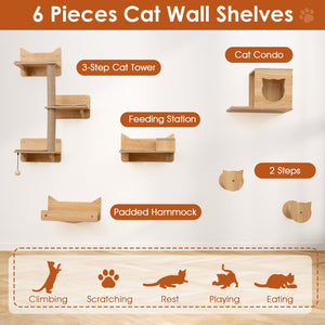 6 Pieces Cat Wall Furniture Set Kitten Wall Mounted Shelves-Natural view 9