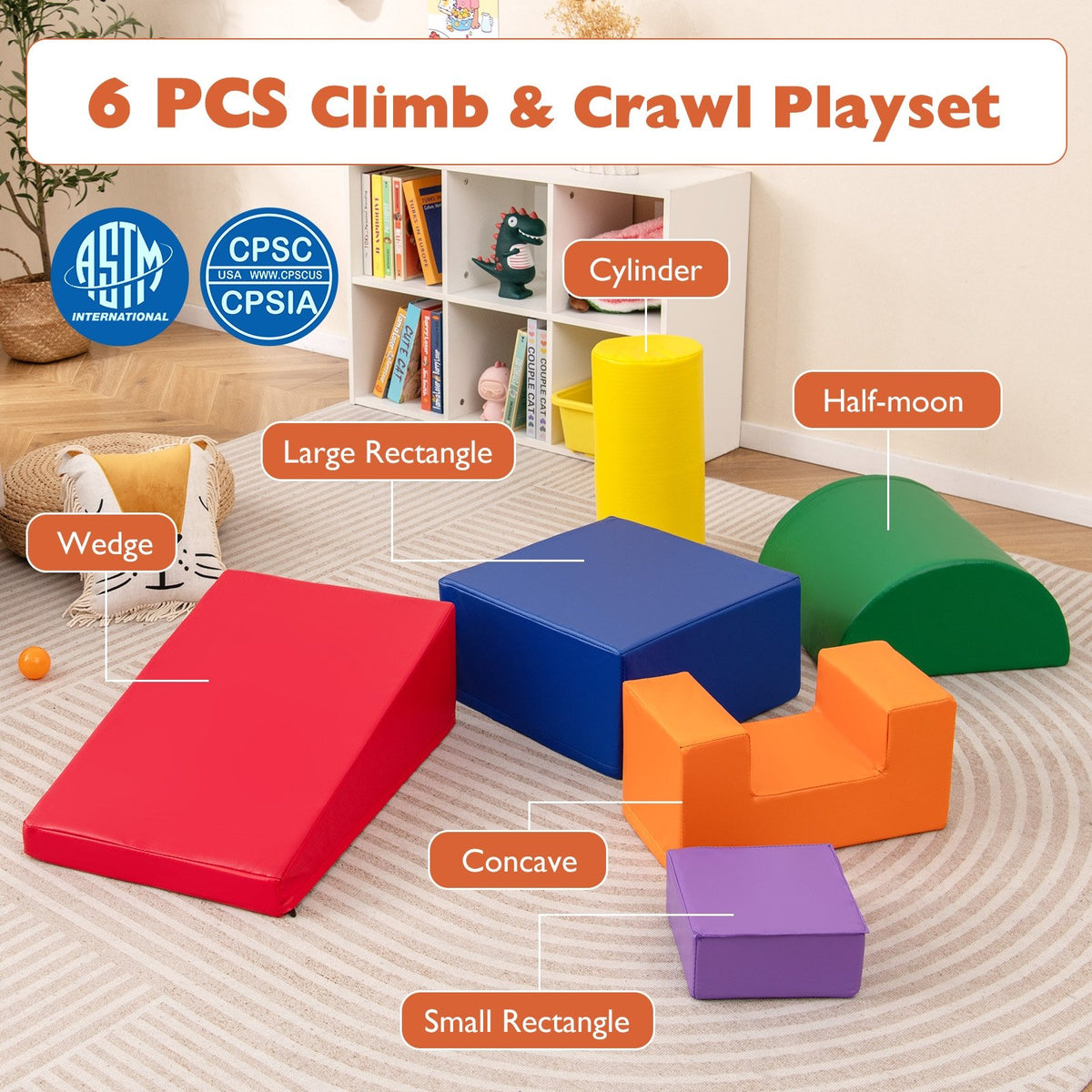 6 Pieces Foam Climbing Blocks Indoor Climb and Crawl Activity Playset with Rectangles-Orange view 8