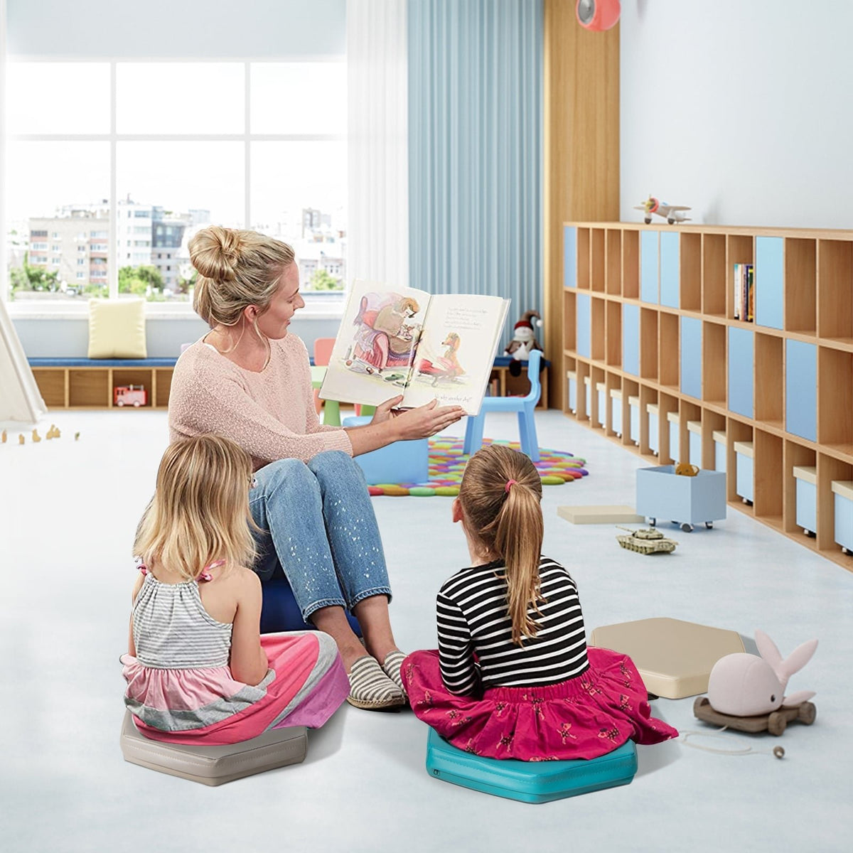 6 Pieces Multifunctional Hexagon Toddler Floor Cushions Classroom Seating with Handles-Blue view 2