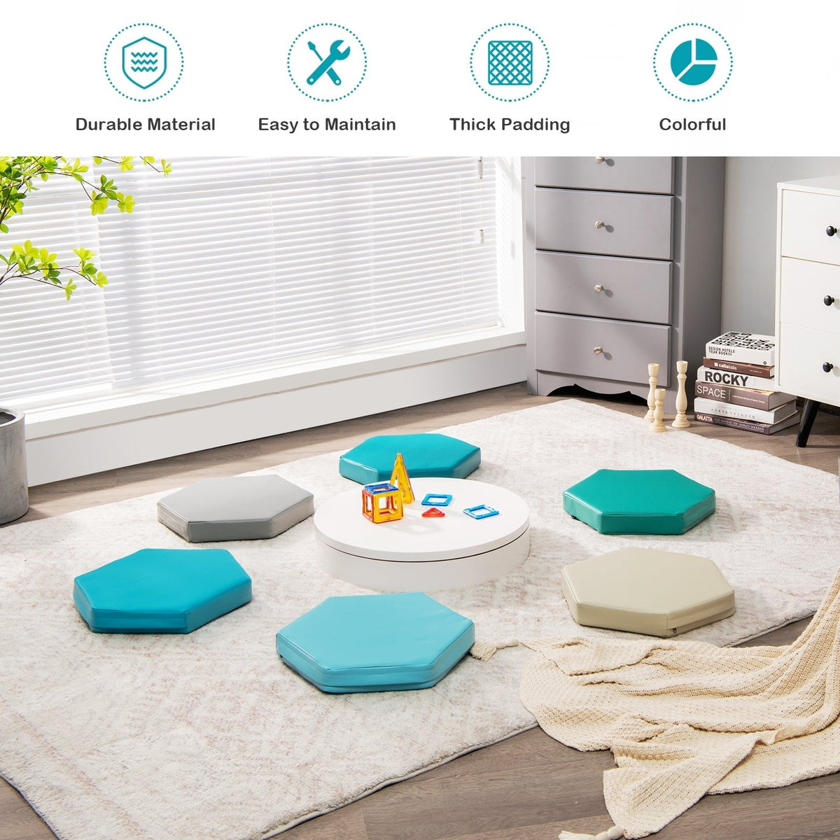 6 Pieces Multifunctional Hexagon Toddler Floor Cushions Classroom Seating with Handles-Blue view 3