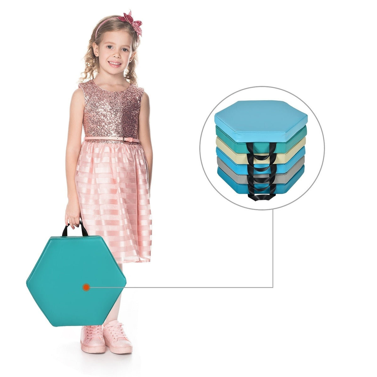 6 Pieces Multifunctional Hexagon Toddler Floor Cushions Classroom Seating with Handles-Blue view 6