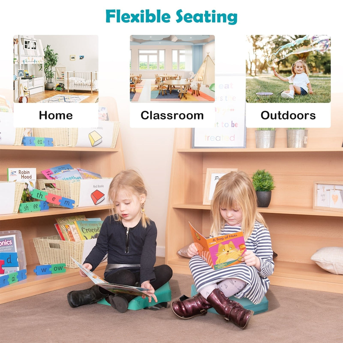 6 Pieces Multifunctional Hexagon Toddler Floor Cushions Classroom Seating with Handles-Blue view 7
