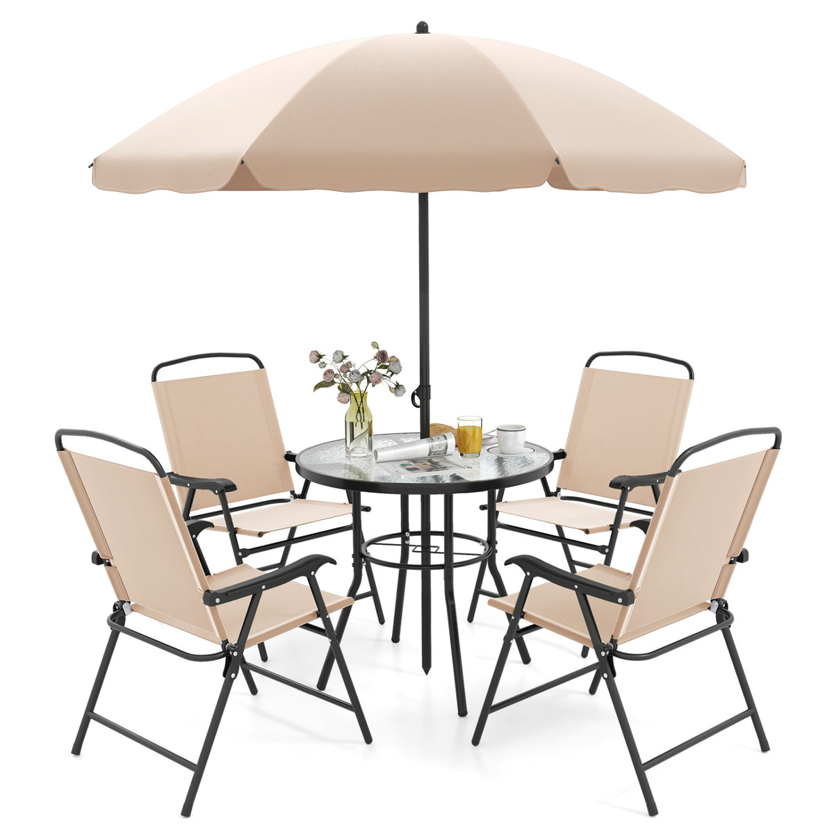 6 Pieces Patio Dining Set with Umbrella and 4 Folding Armchairs-Beige