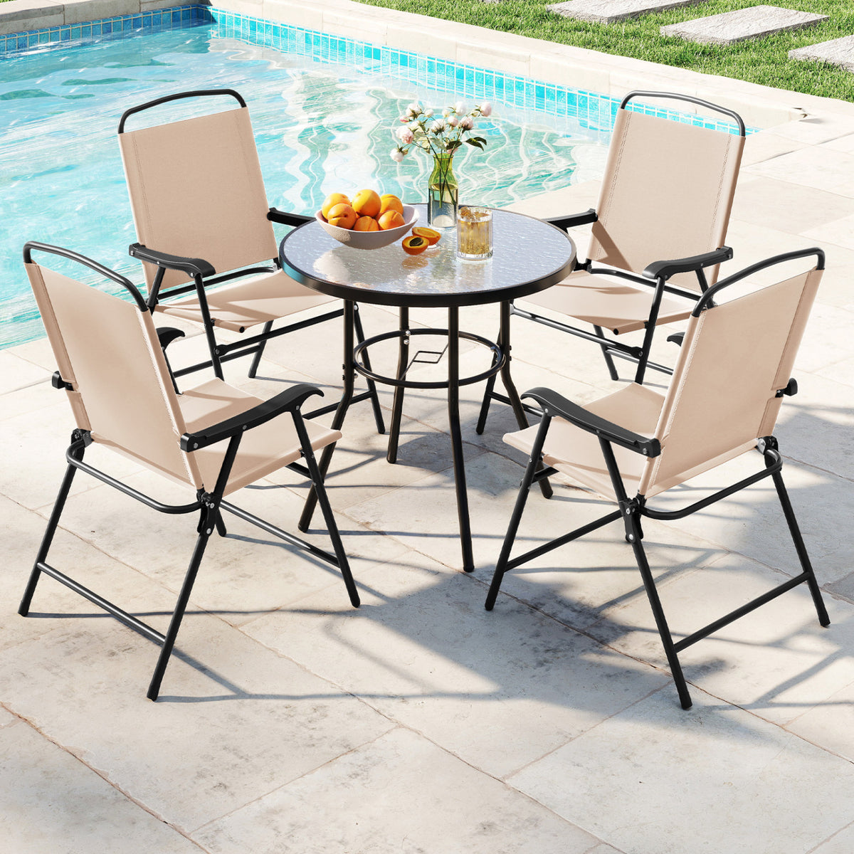 6 Pieces Patio Dining Set with Umbrella and 4 Folding Armchairs-Beige view 2