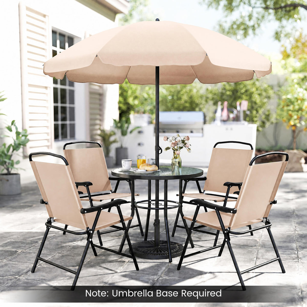 6 Pieces Patio Dining Set with Umbrella and 4 Folding Armchairs-Beige view 3