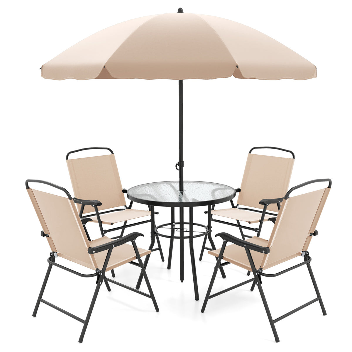 6 Pieces Patio Dining Set with Umbrella and 4 Folding Armchairs-Beige view 4