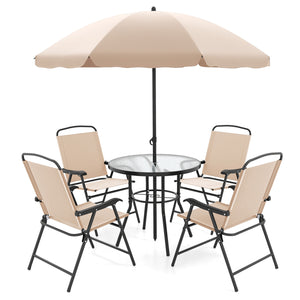 6 Pieces Patio Dining Set with Umbrella and 4 Folding Armchairs-Beige view 4