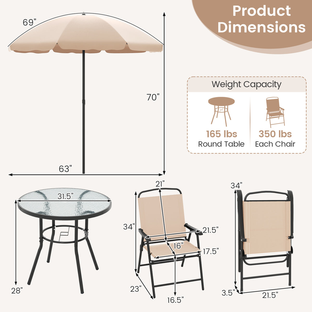 6 Pieces Patio Dining Set with Umbrella and 4 Folding Armchairs-Beige view 5