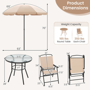 6 Pieces Patio Dining Set with Umbrella and 4 Folding Armchairs-Beige view 5