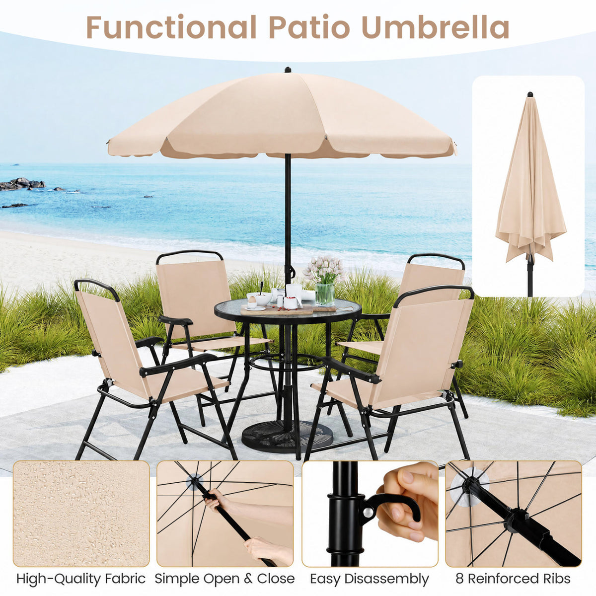6 Pieces Patio Dining Set with Umbrella and 4 Folding Armchairs-Beige view 6