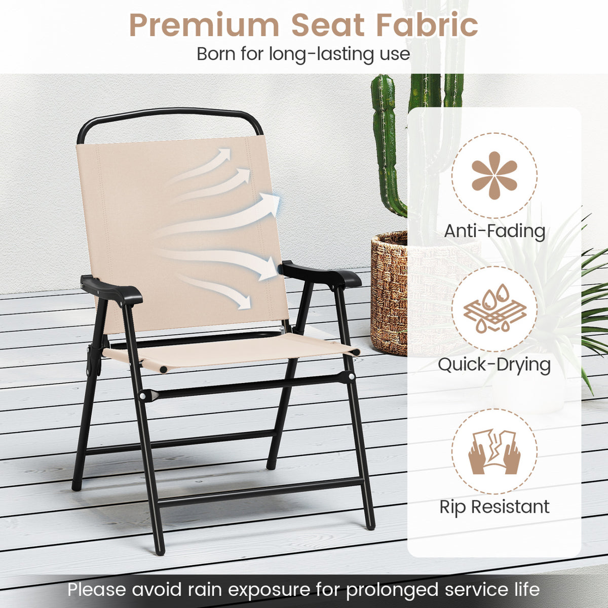 6 Pieces Patio Dining Set with Umbrella and 4 Folding Armchairs-Beige view 7