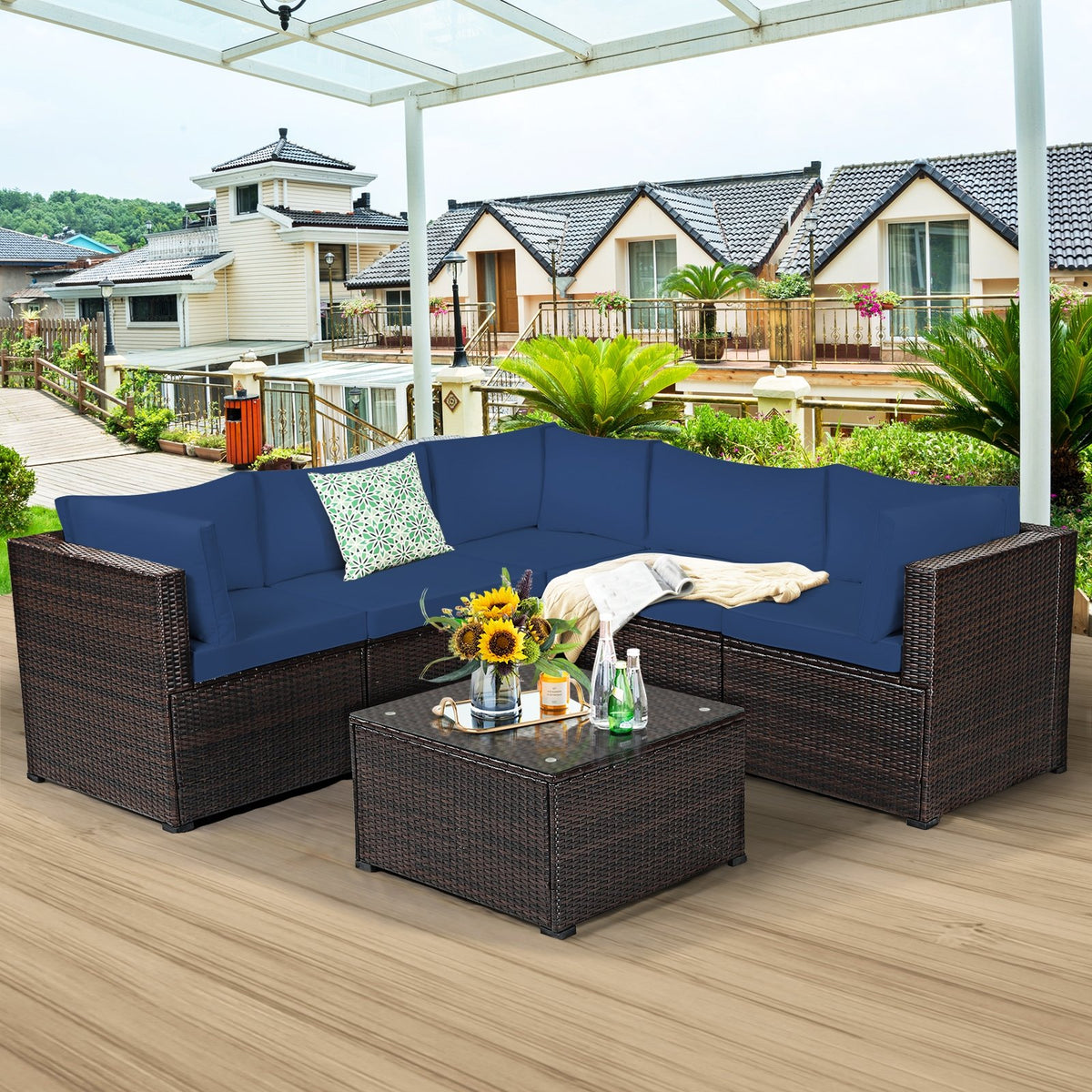 6 Pieces Patio Furniture Sofa Set with Cushions for Outdoor-Navy view 2