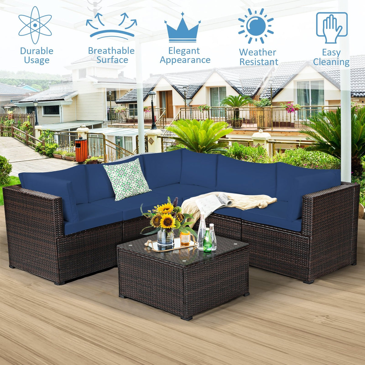 6 Pieces Patio Furniture Sofa Set with Cushions for Outdoor-Navy view 3