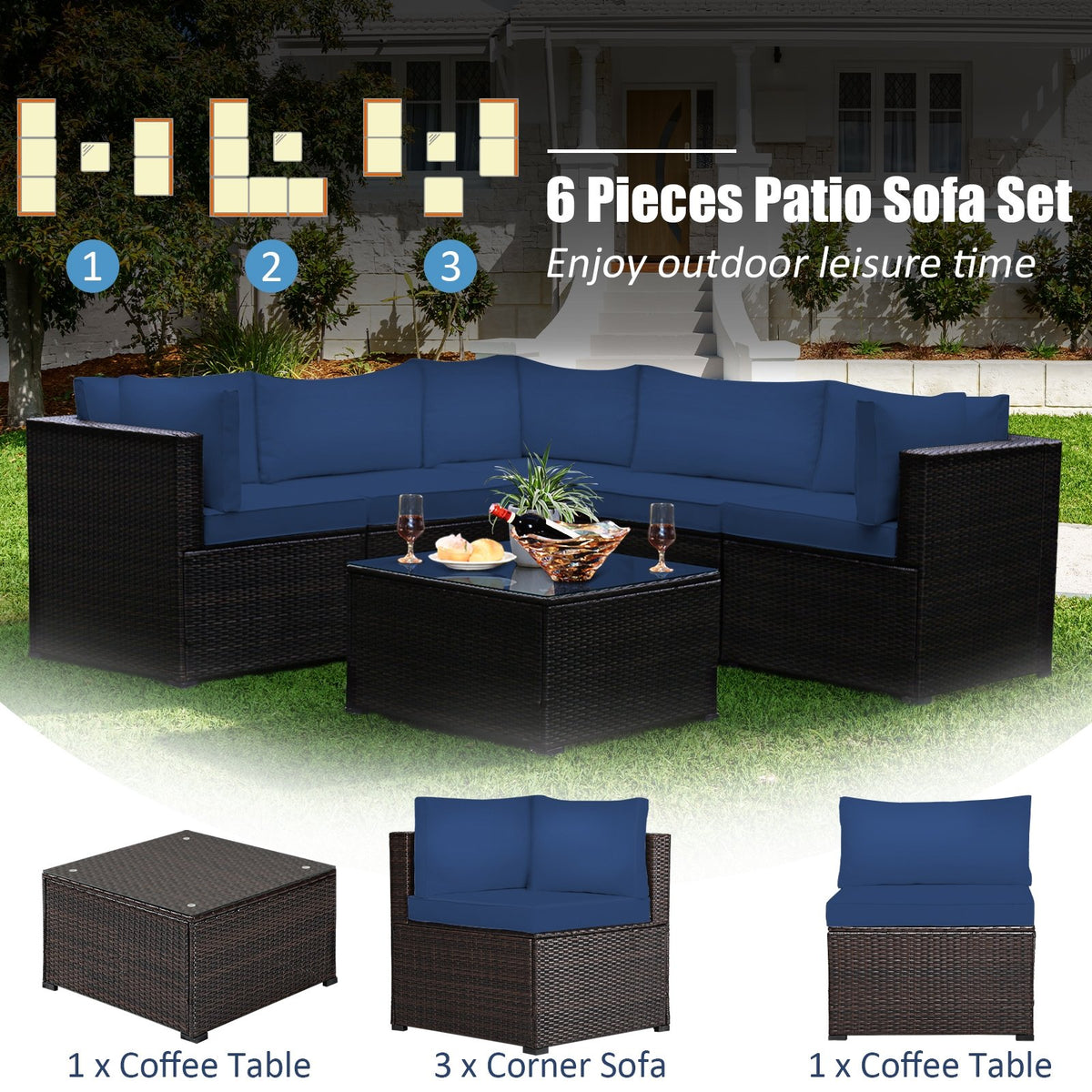6 Pieces Patio Furniture Sofa Set with Cushions for Outdoor-Navy view 5