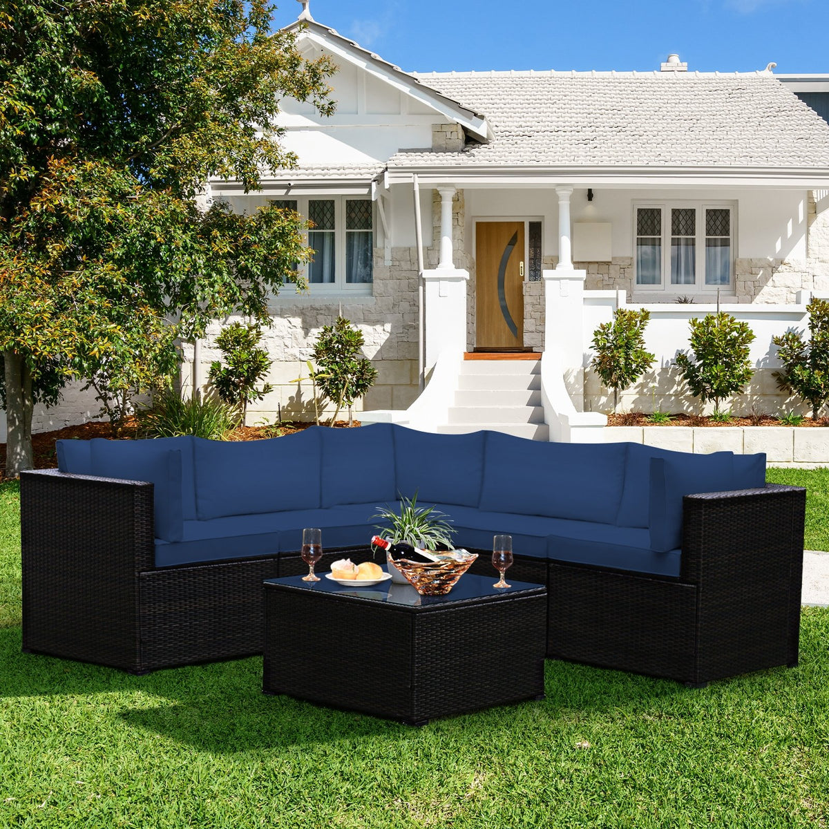 6 Pieces Patio Furniture Sofa Set with Cushions for Outdoor-Navy view 6